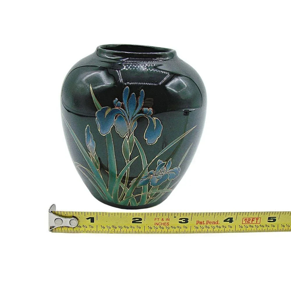 San Francisco Black Onyx Trinket Jar Vase Floral Hand Painted Decorative Flower